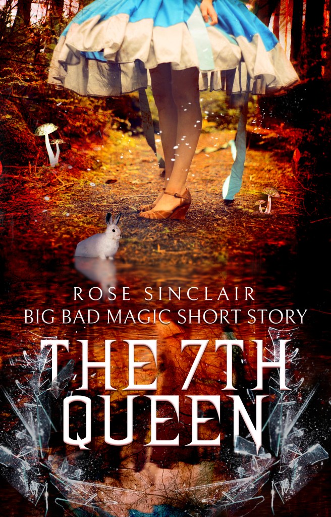The 7th Queen Cover - A photo of a women's legs wearing a white and blue shirt with a white rabbit in the foreground.
